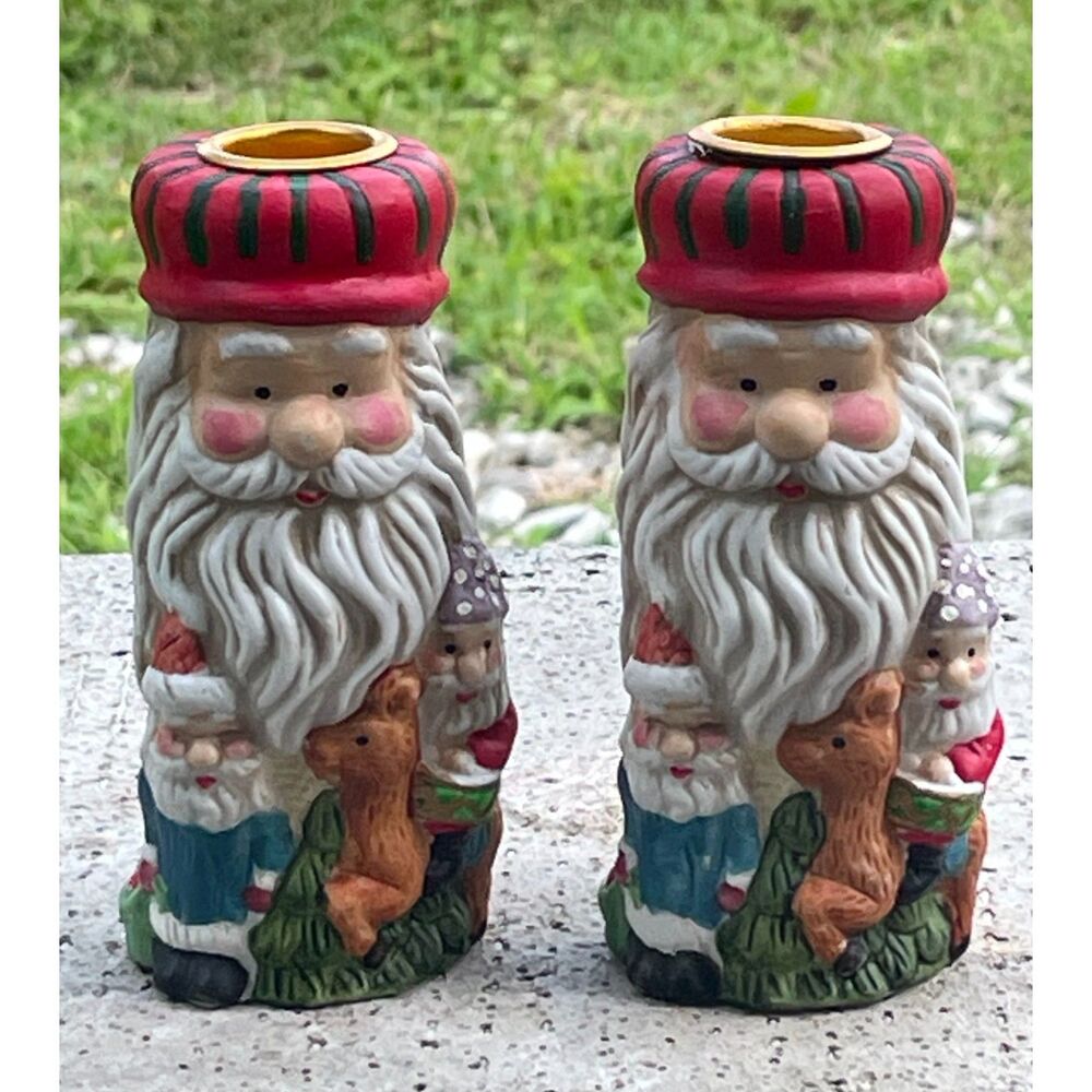 Vintage K's Collection Santa Taper Candle Holders Pair Woodland Christmas 4.5"
